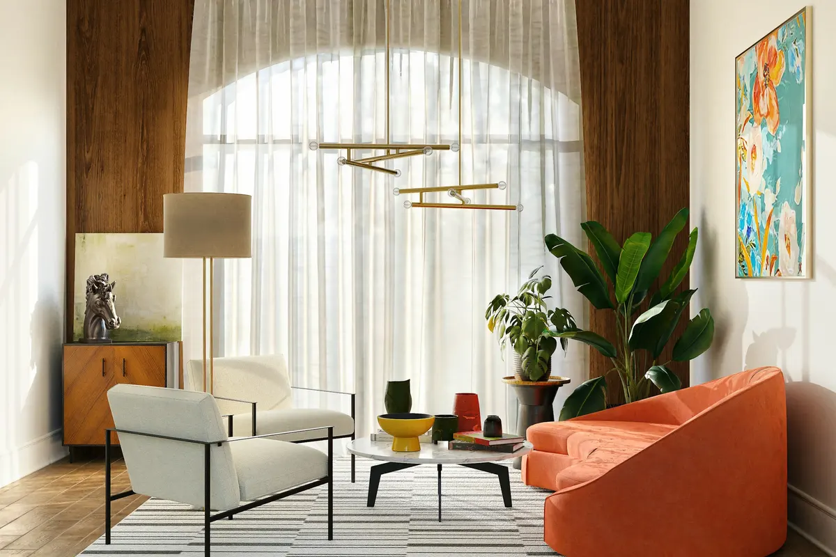 Light-filled contemporary living room with natural materials